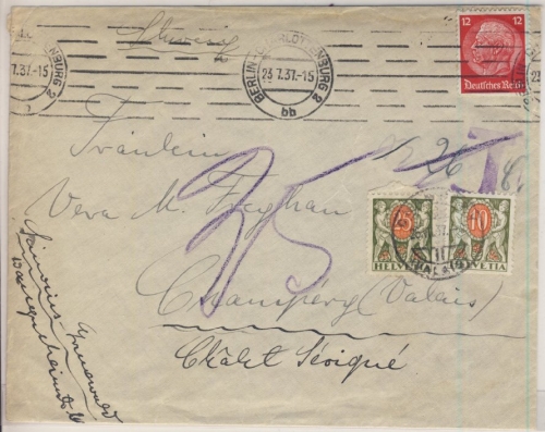 DR - 12 Pfg. Hindenburg Brief i.d. SCHWEIZ, Berlin - Champery 1937 Nachporto