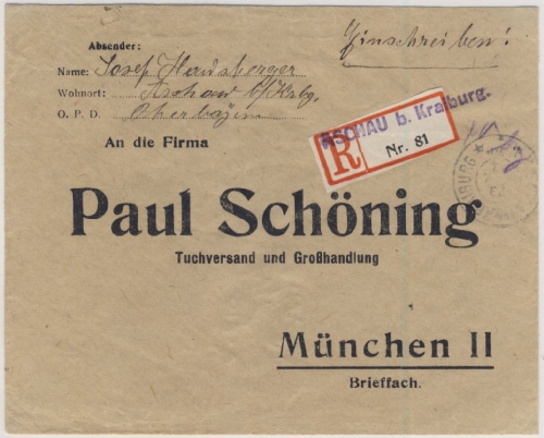 DR-Infla - Aschau b. Kraiburg Barfrankatur Einschreibebrief n. München 23.11.23