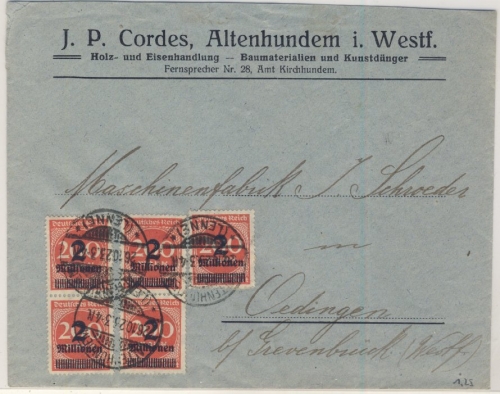 DR-Infla - 5x2 Mio. a. 200 M., Firmenbrief Altenhundem - Oedingen 26.10.23