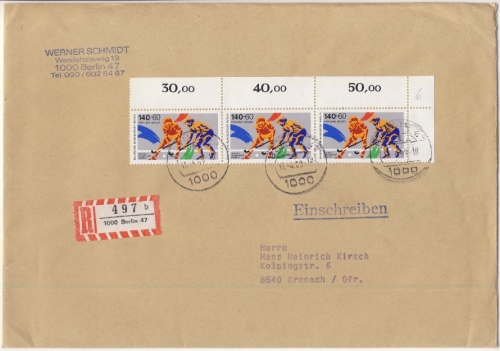 Berlin - 3x140 Pfg. Sport (Hockey), Einschreibebrief (2.Gew.stufe) Berlin 47 -