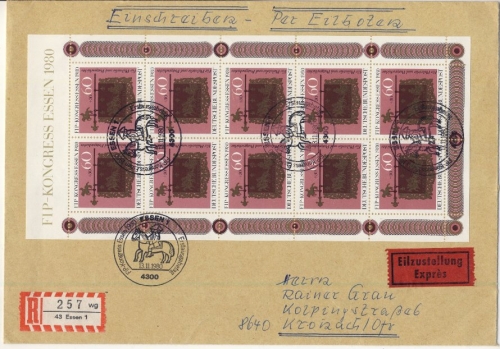 BRD - 60 Pfg. FIP-Kongress Essen 1980, 10er-Bogen, Eil-Einschreibebrief/FDC