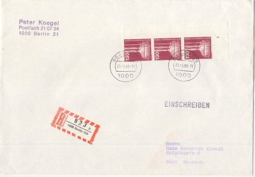 Berlin - 130 Pfg. I&T, 3er-Streifen/Bogenecke/Formnummer, Einschreibebrief