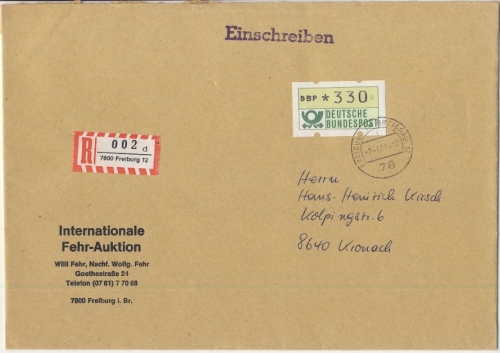 BRD - 330 Pfg. Automatenmarke, Einschreiben (2. Gew.stufe) Freiburg - Kronach