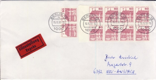 Berlin - 10x60 Pfg. B&S in Bogenteilen, Eilbrief Berlin - Neu-Anspach 1991