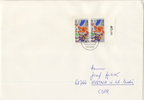 Berlin - 2x140 Pfg. Sport/Hockey, Brief (>50g) i.d. CSSR, Berlin - Kvetna 1991