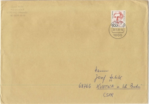 Berlin - 500 Pfg. Frauen, Brief (4. Gew.stufe) i.d. CSSR, Berlin - Kvetna 1991