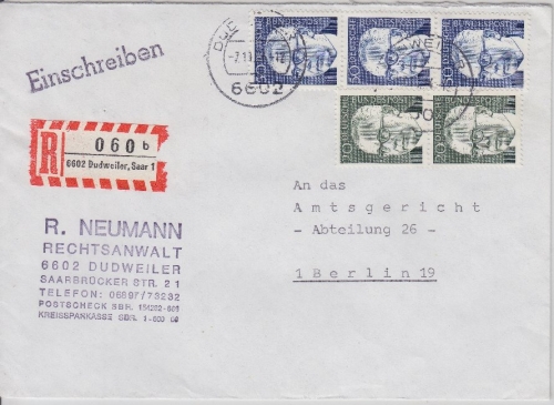 BRD - 3x50+2x20 Pfg. Heinamann, Einschreibebrief Dudweiler - Berlin 1974