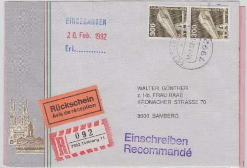 BRD - 2x300 Pfg. Industrie&Technik, Einschreiben-Rückschein Tettnang - Bamberg