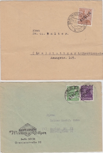 Berlin - Schwarzaufdruck 24 Pfg. Fernbrief, 10+6 Pfg. Ortsbrief 1949 - 2 Belege