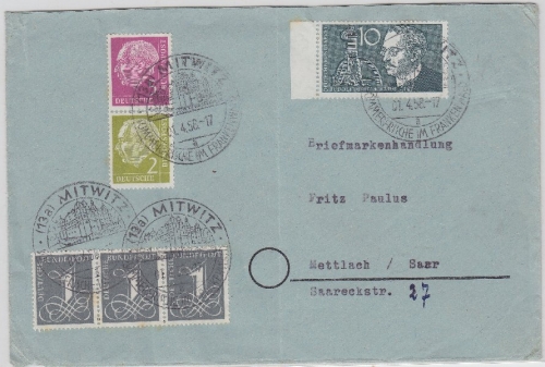 BRD - 5+2 Pfg. Heuss, senkr. Zusammendruck u.a., Brief Mitwitz - Mettlach 1958