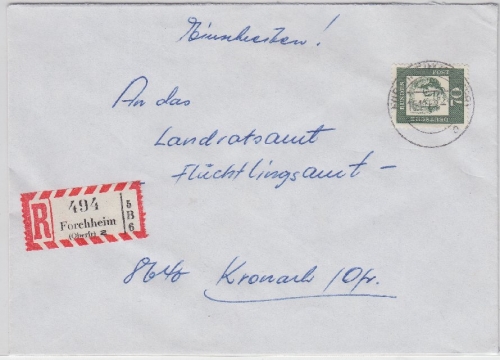 BRD - Forchheim (Oberfr.) Ub c, alter Reichspost-Stpl.? Einschreibebrief 1962 n.