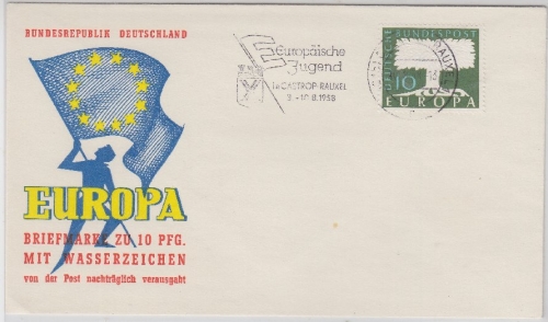 BRD - 10 Pfg. Europa 1958 (Wz. 5 !), Schmuckkuvert n. Masch.-SST Castrop-Rauxel