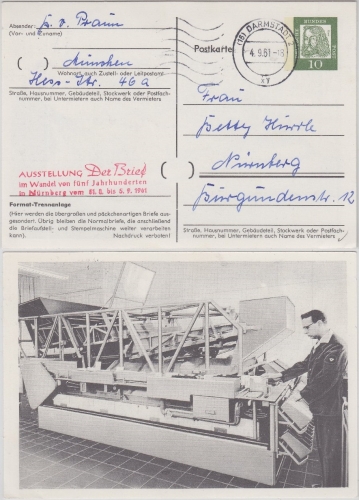 BRD - 10 Pfg. Bed. Deutsche Privat-GA-Karte (Format-Trennanlage) Darmstadt 1961
