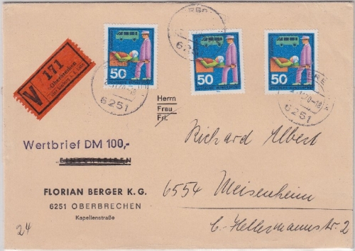 BRD - 3x50 Pfg. Hilfsdienste, Wertbrief Oberbrechen ü. Limburg - Meisenheim 1970