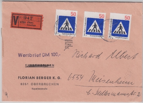 BRD - 3x50 Pfg. Verkehrsschilder, Wertbrief Oberbrechen - Meisenheim 1971