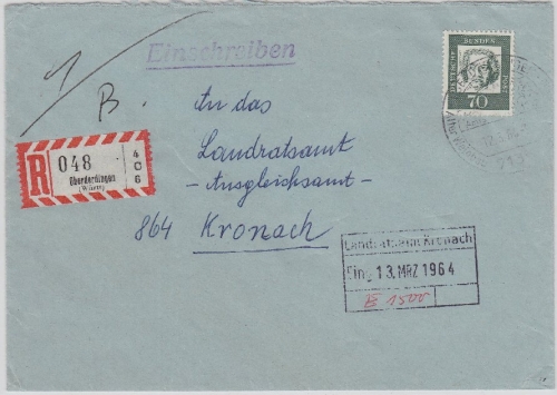 BRD - Oberderdingen, Einschreibebrief n. Kronach 1964