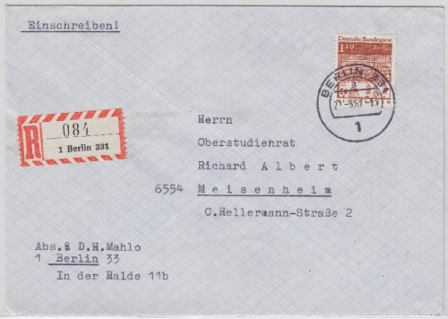 Berlin - 1,10 DM Bauwerke, Einschreibebrief Berlin 331 - Meisenheim 1967