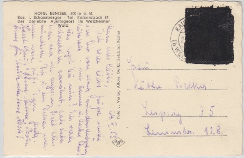 BRD/Postkrieg - 10 Pfg. Kriegsgefangenenmarke geschwärzt Karte Kaisersbach 1953