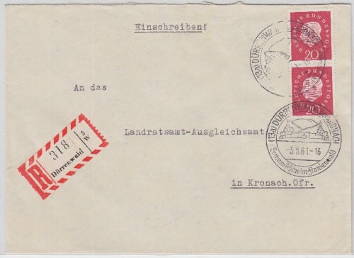 BRD - Dürrenwaid ü. Kronach, Handwerbestpl. a. Einschreibebrief n. Kronach 1961