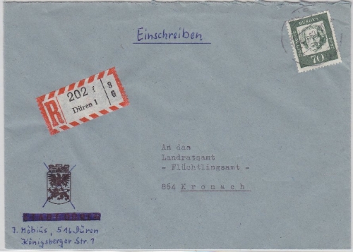 BRD - Düren, aptierter Tagesstempel. a. Einschreibebrief n. Kronach 1962