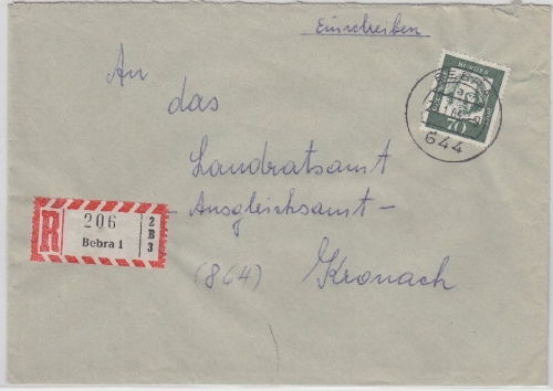BRD - Bebra 1, Einschreibebrief n. Kronach 1963