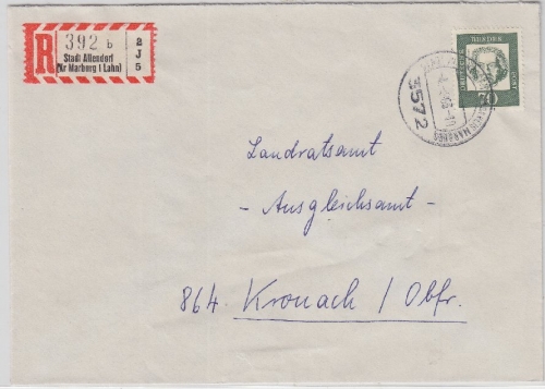 BRD - 3572 Stadtallendorf, Einschreibebrief n. Kronach 1963