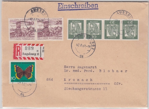 BRD - 10+10 Pfg. Bed. Deutsche, Zusammendruck i. 4er-Streifen u.a., R-Brief