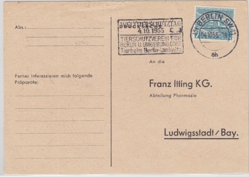 Berlin - Welttierschutztag 1955 Maschinenwerbestempel Drucksache Berlin SW11 n.