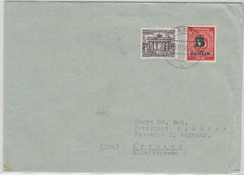 Berlin - 5+1 Pfg. Grünaufdruck/Bauten, Drucksachenbrief Passau - Kronach 1950