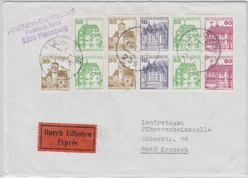 BRD - Burgen & Schlösser, Heftchenblatt u.a., Eilbrief Flensburg - Kronach 1984