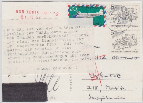 BRD/Postkrieg - 20 Pfg. "Tante Ju" u.a., Retourstpl./Hinweiszettel, Karte