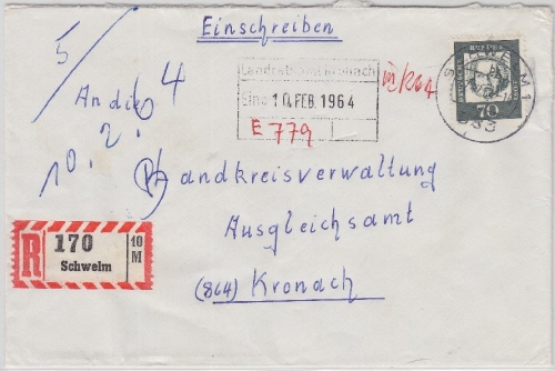 BRD - 583 Schwelm, Einschreibebrief n. Kronach 1964