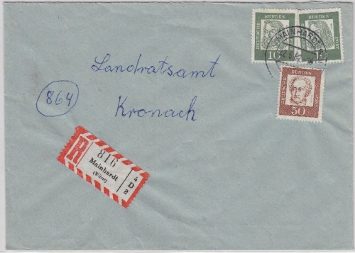 BRD - Mainhardt, aptierter Tagesstempel, Einschreibebrief n. Kronach 1962