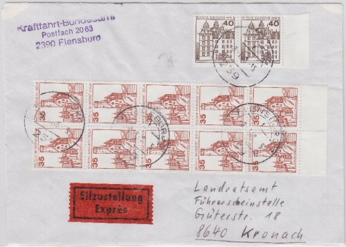 Berlin - 35 Pfg. (10er-Block) + 40 Pfg. (Paar) B&S, Eilbrief Flensburg - Kronach