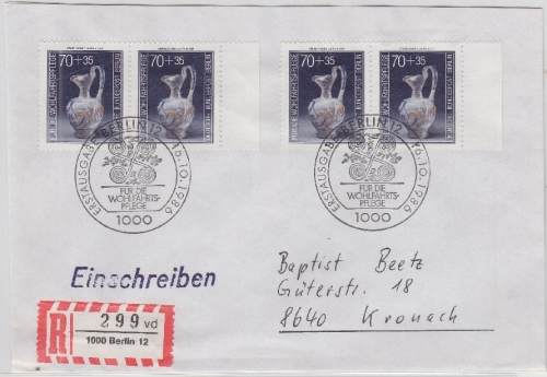 Berlin - 4x70 Pfg. Wohlfahrt Glas Einschreibebrief FDC + ESST Berlin 12 - 1986