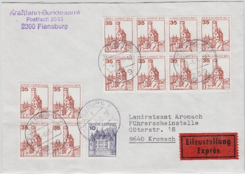 Berlin - 35 Pfg. (10er+4er-Block) + 10 Pfg. B&S, Eilbrief Flensburg - Kronach