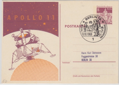 Berlin - 8 Pfg. Bauwerke Ganzsache priv. Zudruck Apollo 11 SST Berlin 12 1969