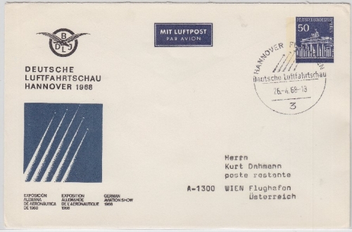 Berlin - 50 Pfg. Brandenburger Tor Privatganzsache Lupobrief Luftfahrtschau 1968