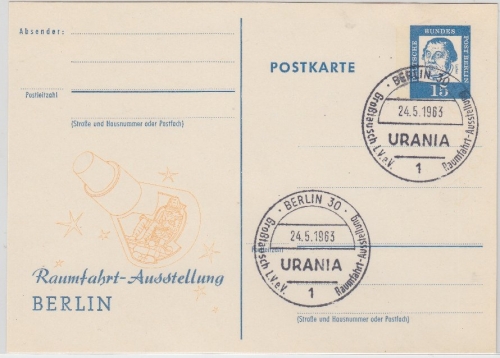 Berlin - 15 Pfg. Bed.Deutsche Ganzsache priv. Zudruck Raumfahrt-Ausstellung 1963