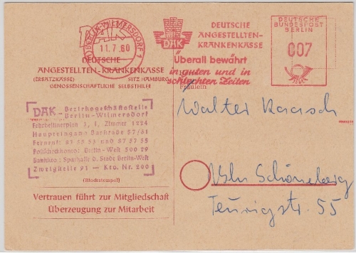 Berlin - 7 Pfg. AFS DAK Krankenkasse Drucksachenkarte Wilmersdorf 1960