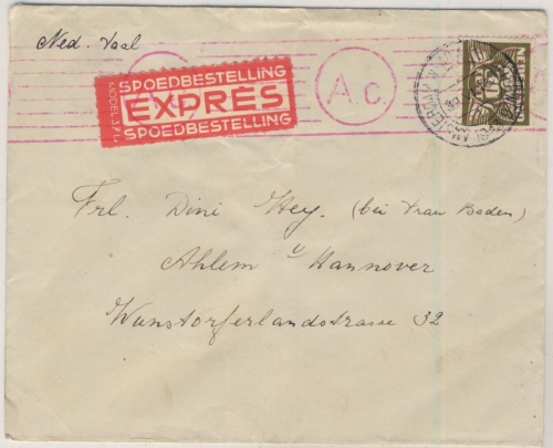 Niederlande - 30 C. Freimarke, Expressbrief Amsterdam - Ahlem b. Hannover 1943