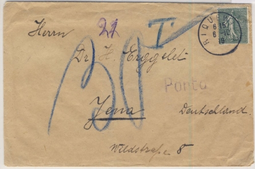 Frankreich - 15 C. Säerin Brief Nachporto Riquewihr (Reichenweiher) - Jena 1919