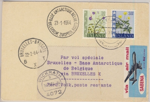 Island - 3,50 Kr. + 50 A. Blumen, Lupo-Karte, Reykjavik - Brüssel - Base