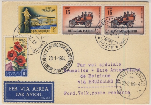 San Marino - 2x15 L. Wolseley u.a., Lupo-Karte über Brüssel n. Base Antarctique