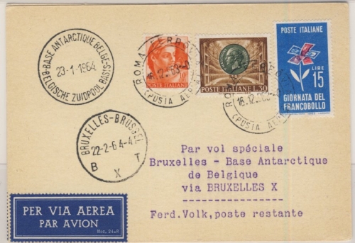 Italien - 15 L. Tag d. Briefmarke u.a., Lupo-Karte Rom - Brüssel - Base