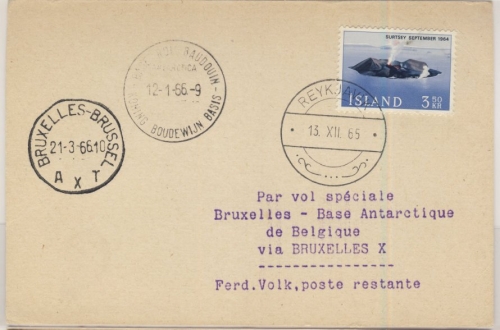 Island - 3,50 Kr. Surtsey (Vulkan), Karte Reykjavik - Brüssel - Base Roi