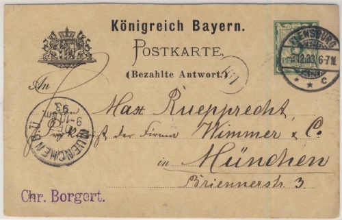 Bayern - 5 Pfg. Rauten, GA-Karte/A-Teil Fremdentwertung Flensburg - München 1893