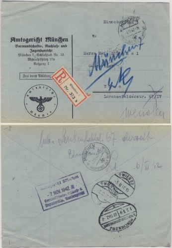 DR - München 7, Frei d. Ablösung, Einschreibebrief n. Wien 1942, Retourvermerk