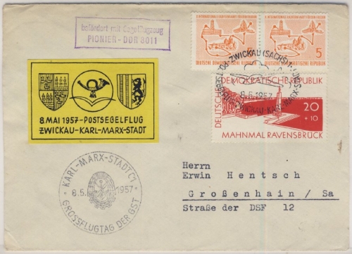 DDR - Postsegelflug Zwickau-Karl-Marx-Stadt 1957, Brief m. Vignette+ SST Zwickau