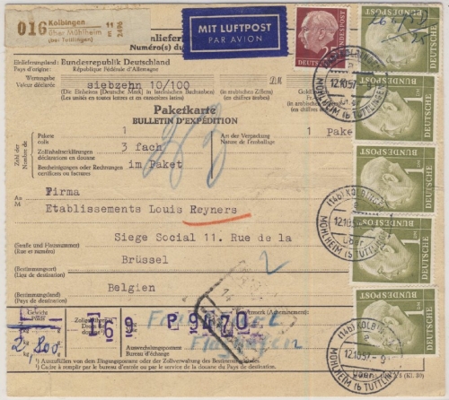 BRD - 5x1 M. + 25 Pfg. Heuss, Lupo-Paketkarte n. BELGIEN, Kolbingen ü. Mühlheim